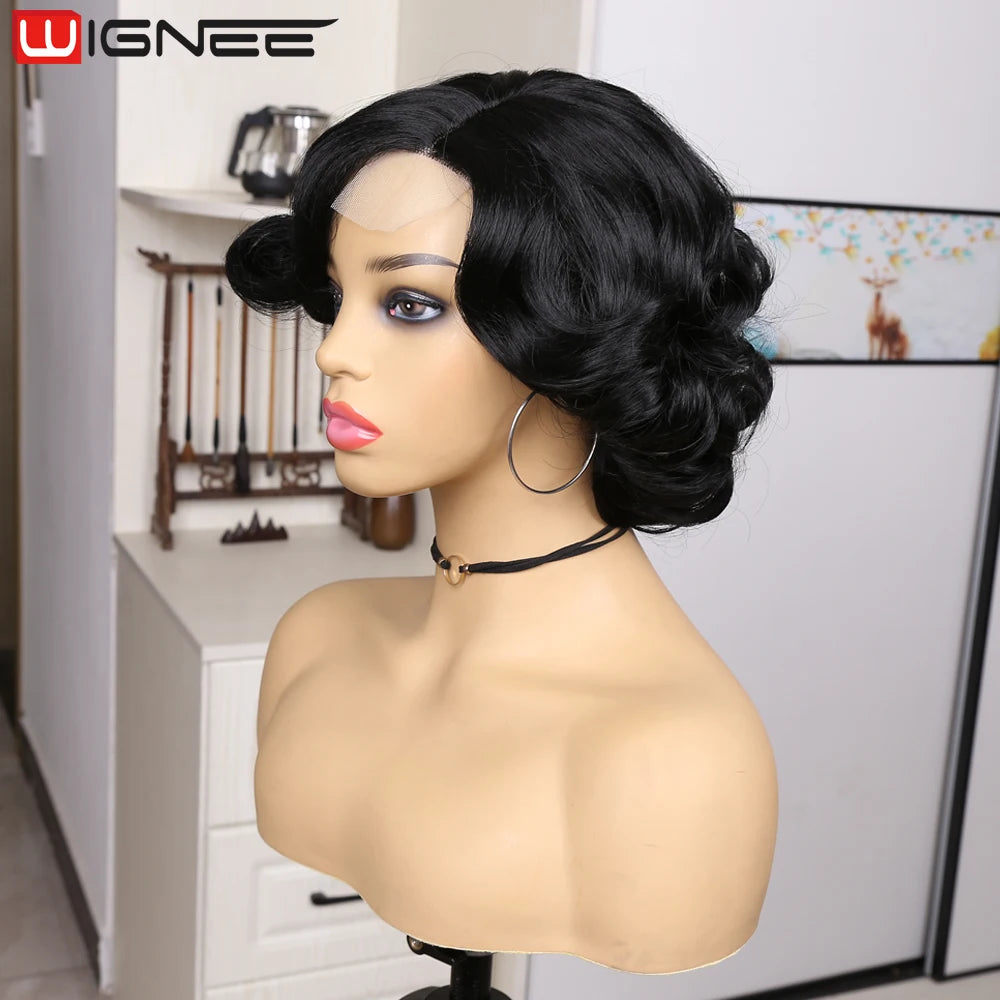 WIGNEE Pixie Short Wigs Synthetic Hair Body Wave Wig Side Part Lace Wig Natural Hair Wigs For Women Black Wig Heat Resistant
