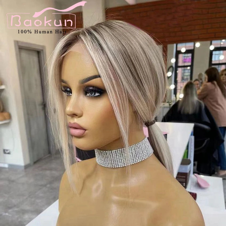 13x4 Short Ash Blonde Lace Front Wig Human Hair 360 Lace Frontal Wig Highlight Bob Straight Lace Front Wigs For Women Human Hair