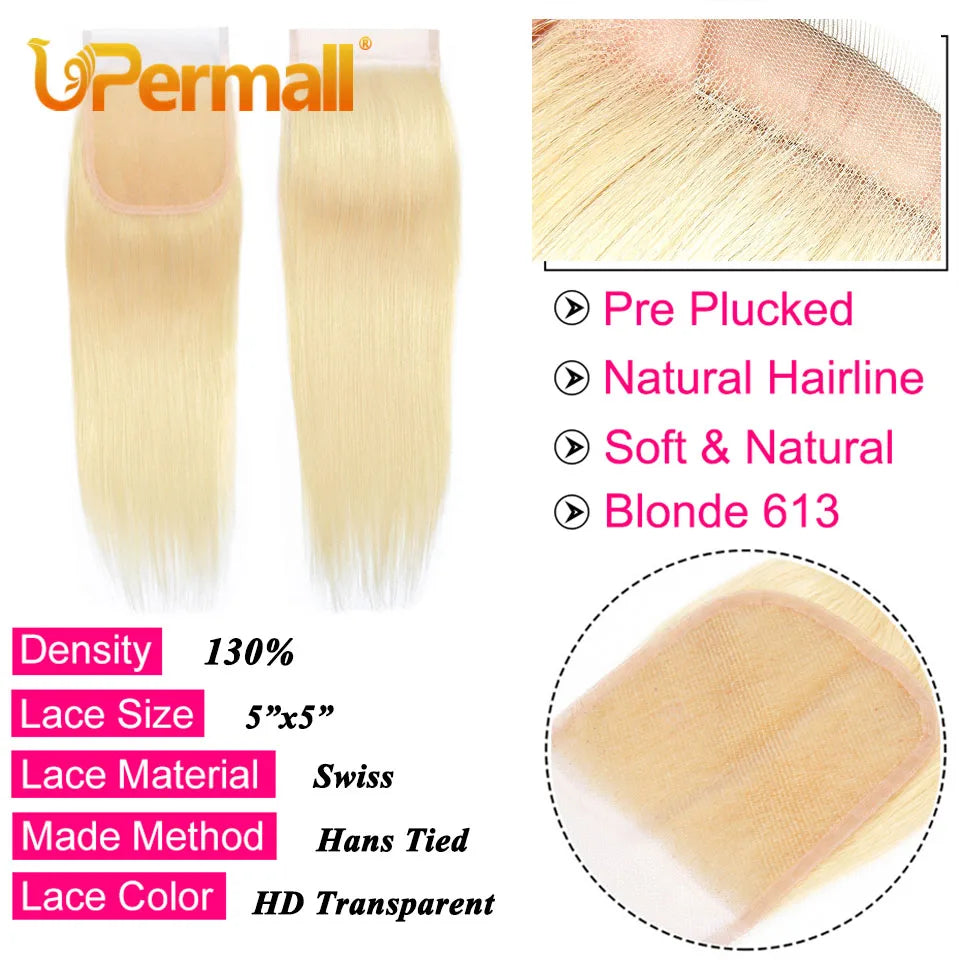 Upermall #613 Blonde 13x4 Lace Frontal Straight Pre Plucked Swiss HD Transparent 4x4 5x5 Closure 100% Remy Human Hair On Sale