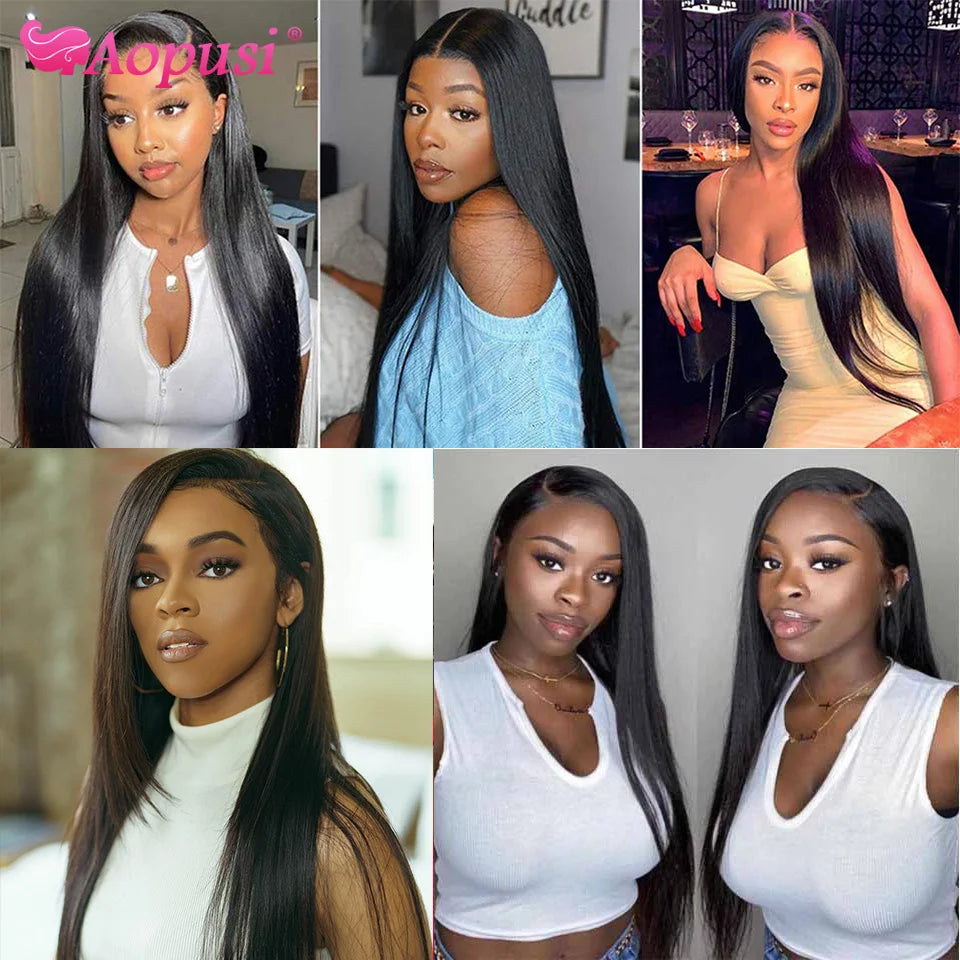 Aopusi Straight Hair Bundles With Frontal Human Hair Bundles With Frontal Brazilian Hair Weaving With 13X4 Lace Hair Extensions