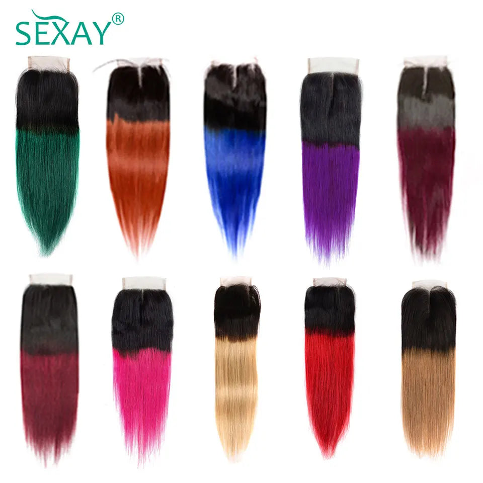 1B 99J Ombre Lace Closure 100% Human Hair 2 Tone Green Blue Burgundy 4x4 Swiss Lace Closures 8 Colors Available Clearance Sale