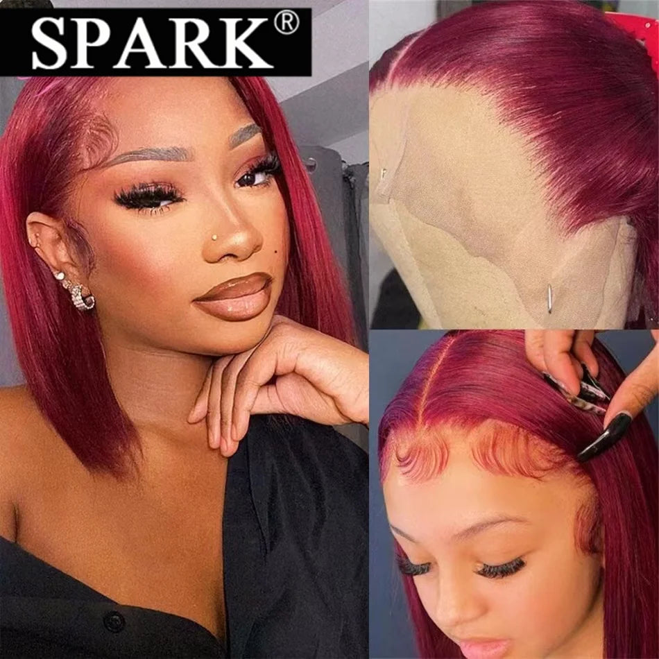Spark Short Straight Bob Wig 99J Colored Bob Peruvian Human Hair Side Part Lace Frontal Natural Black1B Transparent Lace Bob Wig