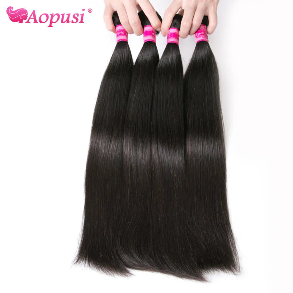 Aopusi Straight Hair Bundles With Frontal Human Hair Bundles With Frontal Brazilian Hair Weaving With 13X4 Lace Hair Extensions
