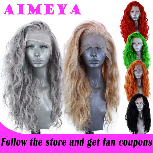 AIMEYA Silver Grey Loose Curly Wig Heat Resistant Synthetic Lace Front Wig for Women Blonde Synthetic Lace Wig Cosplay Wigs