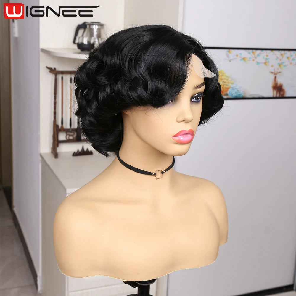 WIGNEE Pixie Short Wigs Synthetic Hair Body Wave Wig Side Part Lace Wig Natural Hair Wigs For Women Black Wig Heat Resistant