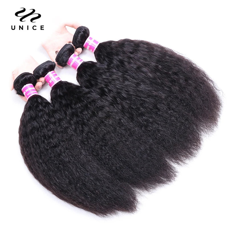 UNice Hair Brazilian Kinky Straight Hair Bundles Human Hair Bundles Remy Human Hair Extensions 1/3/4 Pieces Double Weft