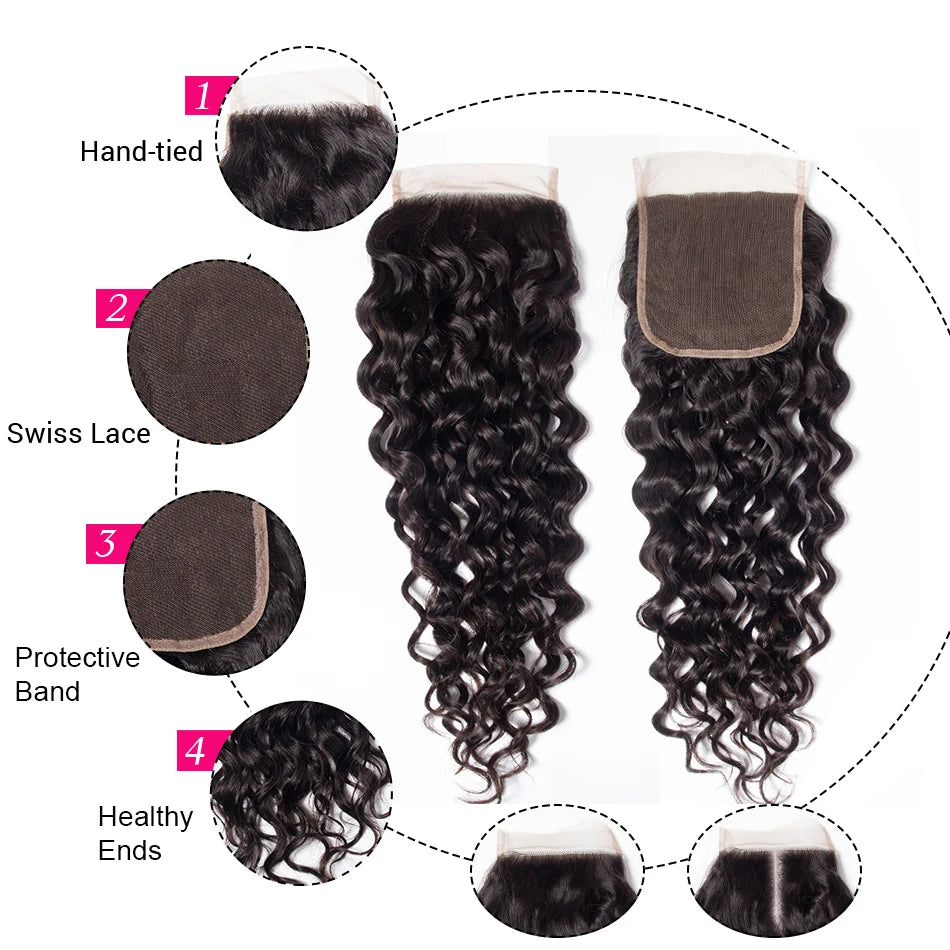 12A Water Wave Bundles With Frontal Wet and Wavy Virgin Curly Loose Deep 100% Human Hair Bundles With Closure Peruvian Hair