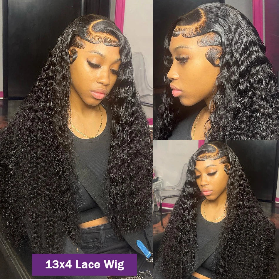 HD 13X6  Transparent Deep Water Wave Curly Lace Frontal Wigs For Black Women 30 34 40 Inch13X4 Front Human Hair Wig Glueless Wig