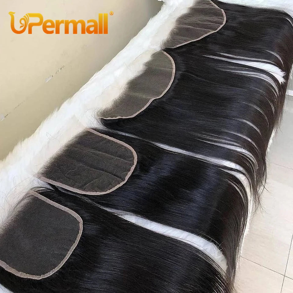Upermall HD 13x6 13x4 Lace Frontal Straight Pre Plucked 4X4 5x5 6x6 Swiss Full Closure Only Natural Black 100% Remy Human Hair
