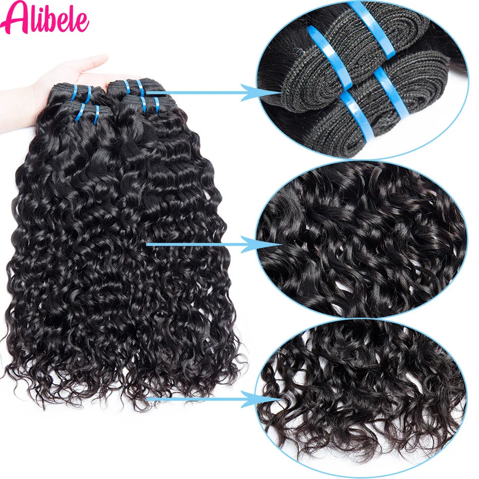 Alibele 5x5 HD Lace Closure With Bundles Malaysia Water Wave Bundles With Closure Long Human Hair Bundles With 4x4 Lace Closure